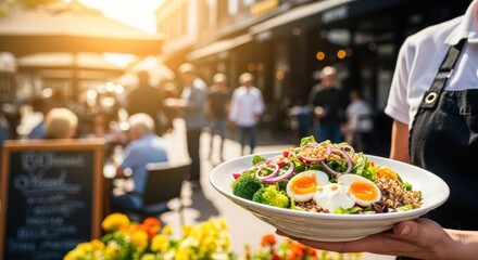 Fototapeta premium Culinary Delight on a Platter: A waiter elegantly presents a vibrant plate brimming with a healthy salad, the scene alive with the energy of a bustling outdoor cafe.
