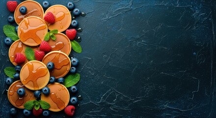 Golden Pancakes: A mouthwatering stack of fluffy pancakes drizzled with sweet syrup, adorned with fresh berries and sprigs of mint, creating a visual feast.