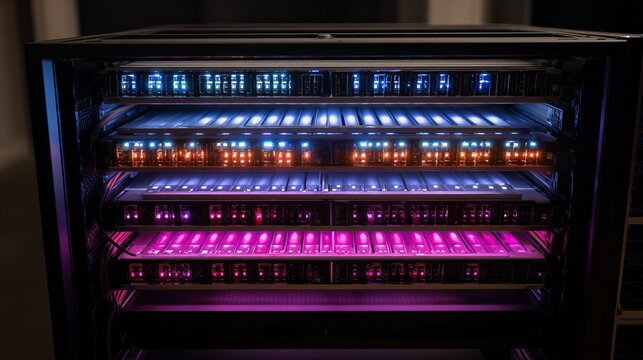 Powerful server rack with vibrant LED lights providing scalable computing resources for innovative tech companies and global data centers today