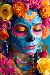 Obraz premium Woman with painted face and floral headwear