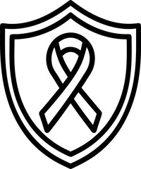 Minimalist black outline vector icon of a shield with world aids day crisscrossed ribbon 