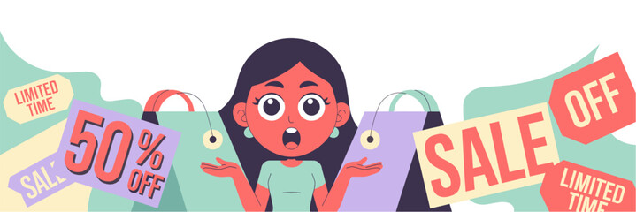Surprised big eyes woman with shopping bags and sale signs against colorful background - flat vector for marketing and promotions