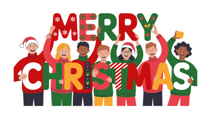 Joyous Greetings: A vibrant group of friends come together with open arms, raising festive lettering to celebrate the most wonderful time of the year.