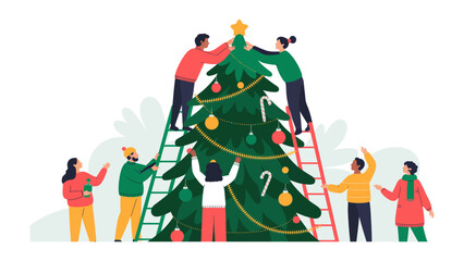 Christmas Tree Decoration: A vibrant scene captures the spirit of the season as a diverse group comes together, meticulously adorning a grand Christmas tree with ornaments, lights.