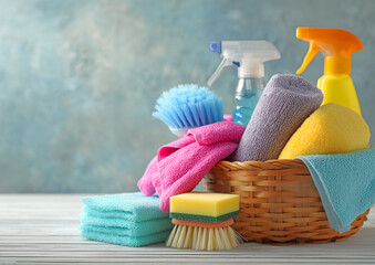 Cleaning supplies on a table with colorful spray bottles, sponges, and yellow gloves wiping a pink cloth. Household cleaning concept with detergents and tools in soft daylight.