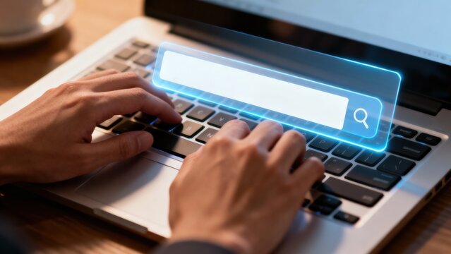 Hands typing on a laptop with a search bar overlay.
