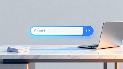 Search bar interface on a modern desk with a laptop and papers.