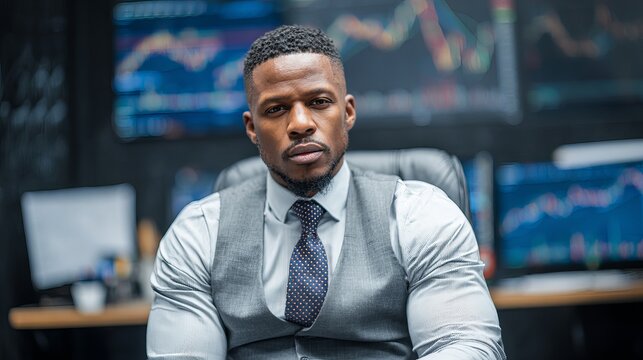 Successful stock trader analyzing financial data on multiple screens in a modern office, showcasing expertise and market insight
