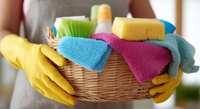 Cleaning supplies on a table with colorful spray bottles, sponges, and yellow gloves wiping a pink cloth. Household cleaning concept with detergents and tools in soft daylight.