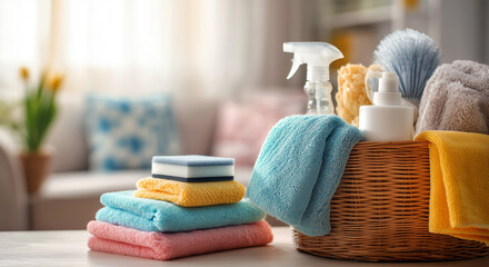 Cleaning supplies on a table with colorful spray bottles, sponges, and yellow gloves wiping a pink cloth. Household cleaning concept with detergents and tools in soft daylight.