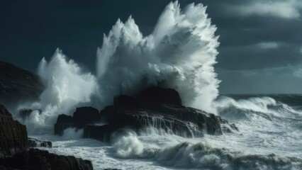 Obraz premium Powerful ocean waves crashing against rocks