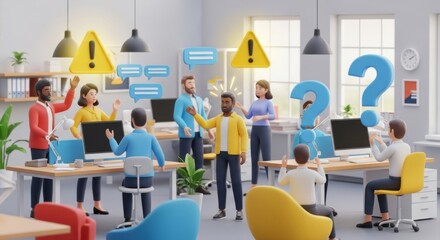 Collaborative problem-solving in a dynamic office environment, highlighting teamwork and uncertainty