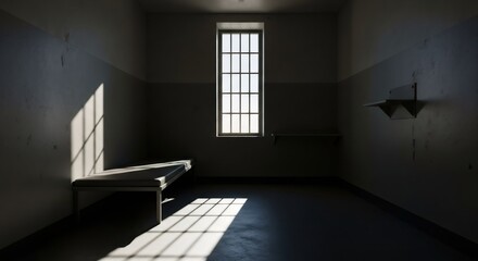 Grungy, empty prison cell with barred window and light pouring through. Concept of confinement, isolation and hope. Solitary room.