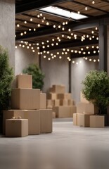 Warehouse with cardboard boxes and warm string lights