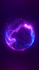 Glowing purple and blue digital sphere made of light particles, symbolizing data networks, communication, and futuristic technology