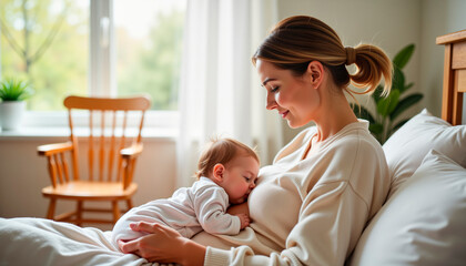 Young mother breastfeeding her baby in a bright, cozy bedroom  