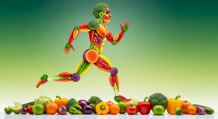A running figure made of vegetables and fruits above a pile of various fresh produce items displayed