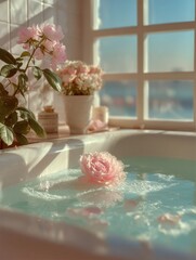 Calming Spa Moment with Sunlit Rosewater Bath. Inner peace, mindfulness, emotional cleansing, and slow living.