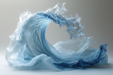 Plastic Wave Sculpture Representing Ocean Pollution Crisis.  Blue plastic formation shaped like an ocean wave highlights the destructive impact of plastic waste on marine ecosystems.