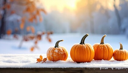 Autumnal Pumpkin Scene in Snowy Landscape: A charming display of ripe pumpkins rests in the snowy embrace of a frosty landscape, reflecting the beauty of the season. 