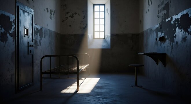 Light from window illuminating empty prison cell with metal bed, door, table and chair. Concept of solitude, confinement and hope. - Powered by Adobe
