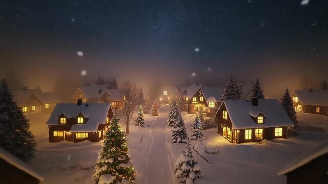 Snowy Christmas Village with Warm Lights &ndash; Cinematic Winter Scene