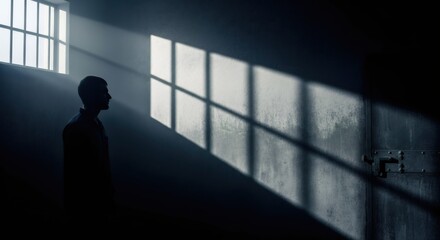 Man in prison cell with light from barred window casting shadows on wall. Concept of hope, freedom, and incarceration.