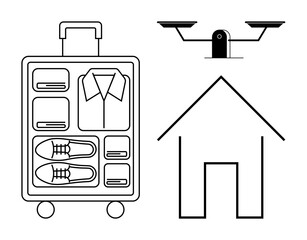 Open suitcase with clothes and shoes, simple house outline, balanced scales symbol. Ideal for travel, organization, choices, home security, minimalism lifestyle equality. Simple flat metaphor