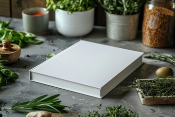 Blank white book cover mockup lying on an rustic kitchen table surrounded by fresh and dry herbs. AI generative