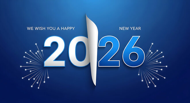 We wish you a happy new year 2026 with fireworks on a blue background