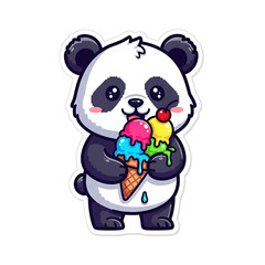 A cute cartoon panda bear happily enjoying a colorful ice cream cone with multiple scoops.