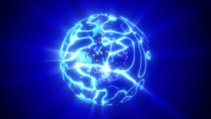 Bright glowing blue plasma sphere with electric energy waves and radiant light bursts in dark cosmic background