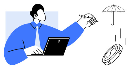 Businessperson working on a laptop, holding a pen, with umbrella icon representing protection and coin symbolizing finance. Ideal for finance, insurance, business, planning, strategy, risk