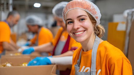 Smiling young volunteer wearing orange cap and apron in food bank warehouse, perfect for charity campaigns, nonprofit blogs
