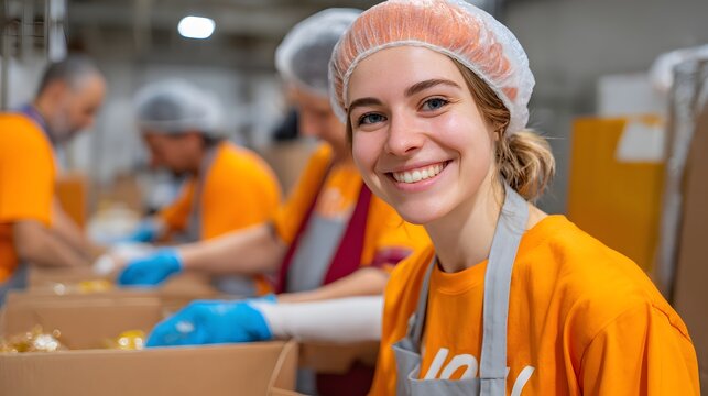 Smiling young volunteer wearing orange cap and apron in food bank warehouse, perfect for charity campaigns, nonprofit blogs