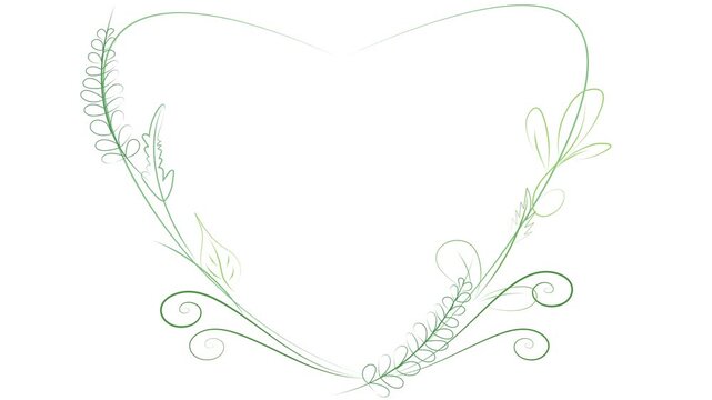 Green vines, leaves, and swirls animate to form a heart-shaped frame. Organic, growing animation on a white background is ideal for eco-friendly themes, spring events, or nature-inspired titles.