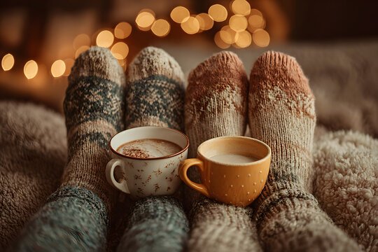 Couple drinking tea, hot chocolate, eggnog or mulled wine and watching tv in warm cozy woolen socks in winter. Woman holding cup of morning coffee in home living room. Sick people with flu or fever.