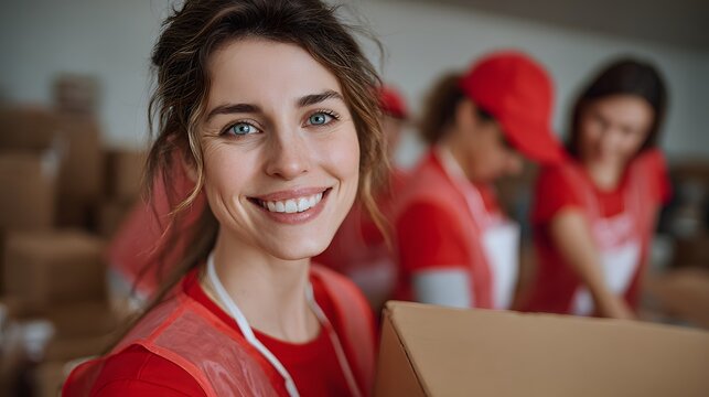 Smiling young volunteer wearing orange cap and apron in food bank warehouse, perfect for charity campaigns, nonprofit blogs