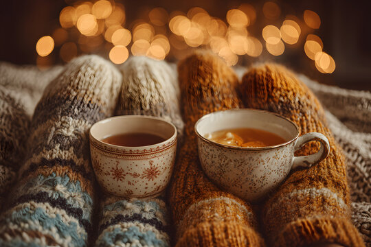 Couple drinking tea, hot chocolate, eggnog or mulled wine and watching tv in warm cozy woolen socks in winter. Woman holding cup of morning coffee in home living room. Sick people with flu or fever. - Powered by Adobe