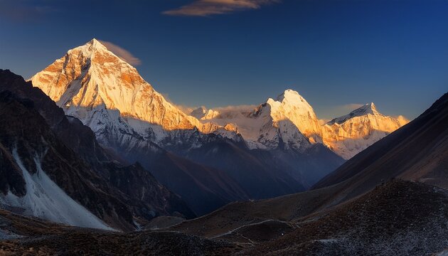 Himalaya Mountains At Sunrise Himlung And Manaslu Summits Behind Pisang Peak Illuminated By First Rays Of The Sun View From The Trekking Route To Tilicho Lake