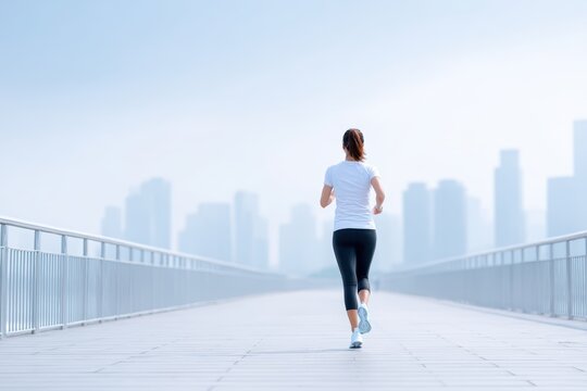 Female jogger in athletic wear runs along a modern urban pathway, with a blurred city skyline in the background, embodying fitness and healthy lifestyle concepts
