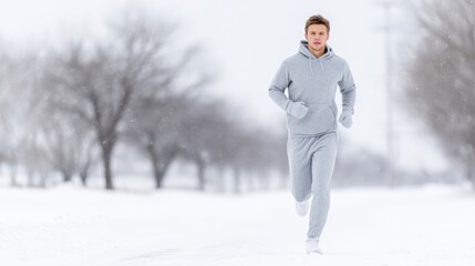 Young man in gray athletic wear jogging through snowy landscape, surrounded by trees, showcasing determination and fitness in winter conditions, emphasizing outdoor exercise