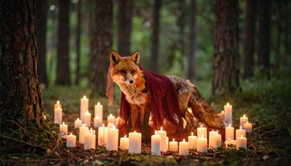 Fox with candles in the woods with forest, nature, and and mystery.