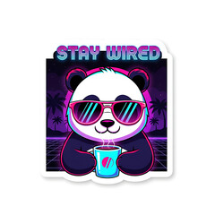 A cool cartoon panda in pink sunglasses holds a coffee mug in a retro 80s synthwave style with the text 'Stay Wired'.