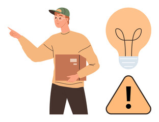Man holding box and pointing forward, paired with lightbulb and caution sign. Ideal for delivery, guidance, innovation, safety, logistics, problem-solving awareness. Clear and simple flat metaphor