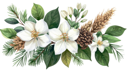 Watercolor floral arrangement with white flowers, pine, and autumnal elements