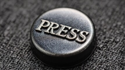 Urgent press alert needed now with a metal button close up and the word press displayed in a modern font for news and media