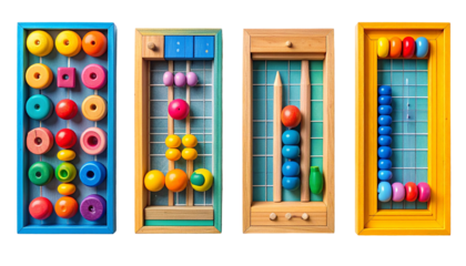 Four colorful wooden toys with beads and shapes for early learning