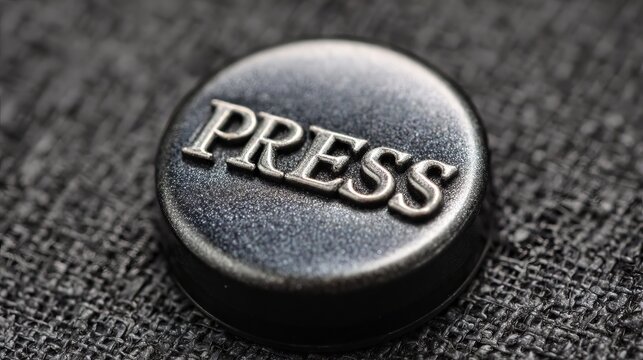 Urgent press alert needed now with a metal button close up and the word press displayed in a modern font for news and media