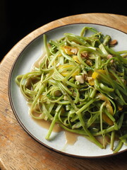 Pad Pak Boong, Thai stir fried morning glory or water spinach stems with yellow bell pepper, garlic and soy bean paste